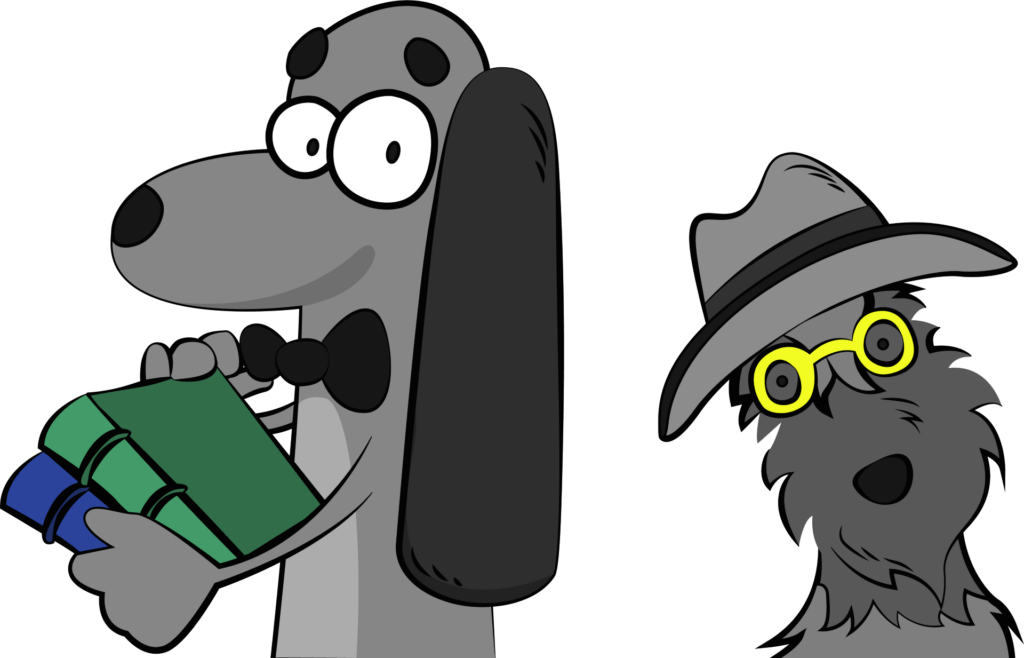 Two cartoon dogs wearing hats and glasses, standing side by side with playful expressions.