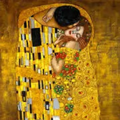 A close embrace between a couple wrapped in a vibrant, gold-patterned cloak, symbolizing intimacy and love. The background is rich in golden hues.