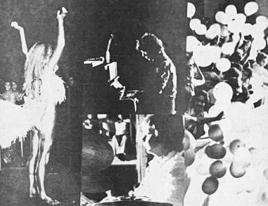 Performance scene featuring a dancer in a feathered costume, a pianist on stage, and an audience celebrating with balloons, capturing a lively event.