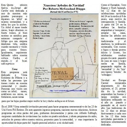 A vintage newspaper article titled "Nuestros 'Arboles de Navidad'" featuring a diagram of a Christmas tree design. Relevant to holiday traditions.
