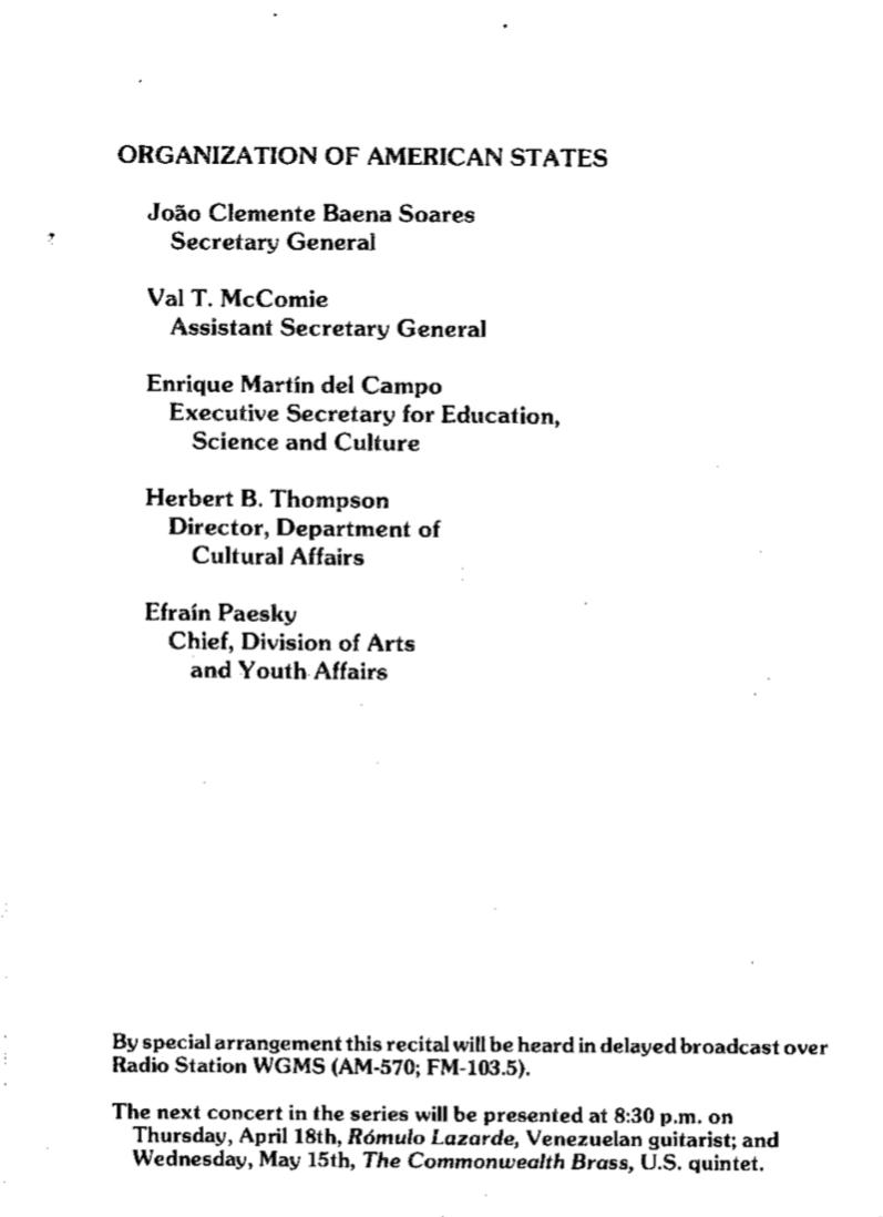 Document listing key officials of the Organization of American States and details for upcoming musical recitals, including broadcast information.