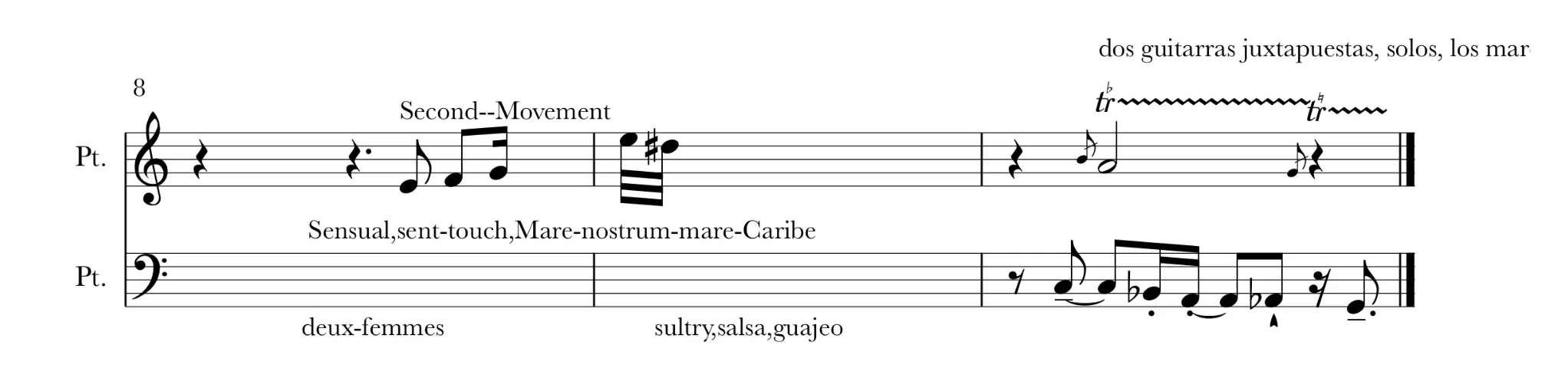 Musical score excerpt titled "Second Movement," featuring guitar notations and descriptive text including references to sensuality and dance styles.