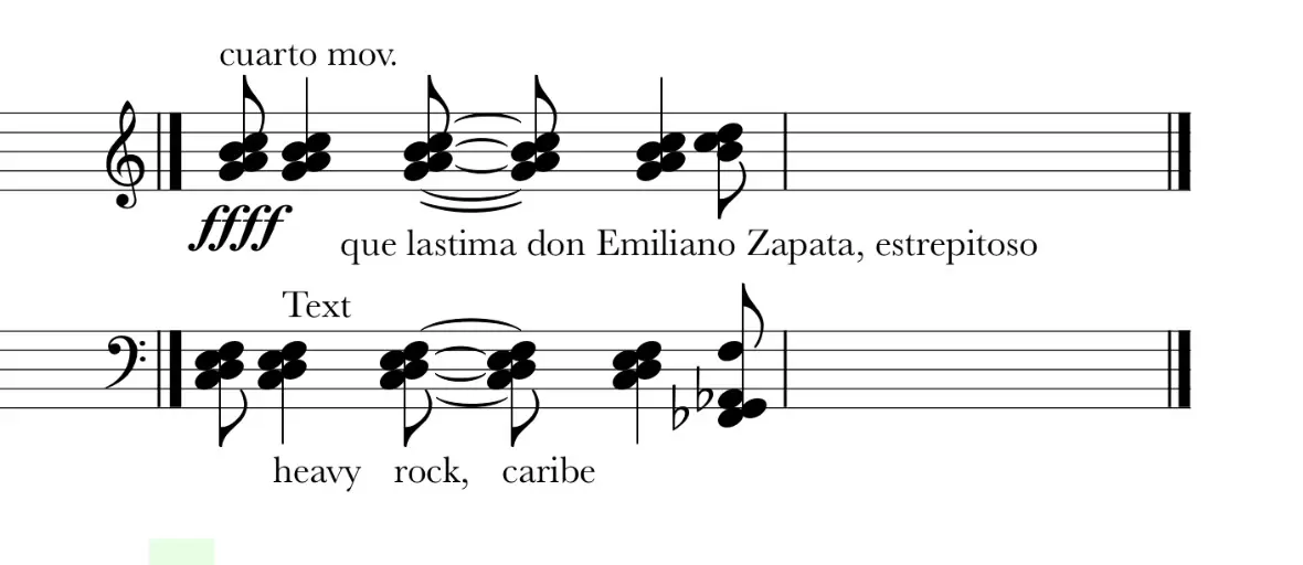 Sheet music excerpt for "Cuarto Mov." featuring musical notation and lyrics referencing Emiliano Zapata, indicating a lively style.