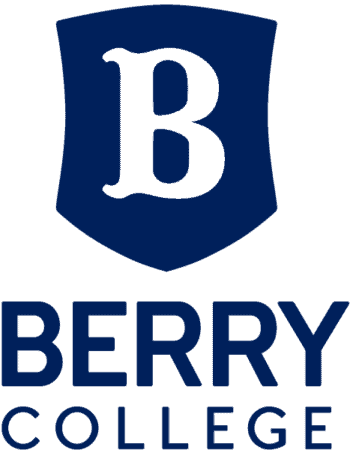 Berry College logo featuring a blue shield with a white stylized "B" and bold text below. Represents the college's branding and identity.